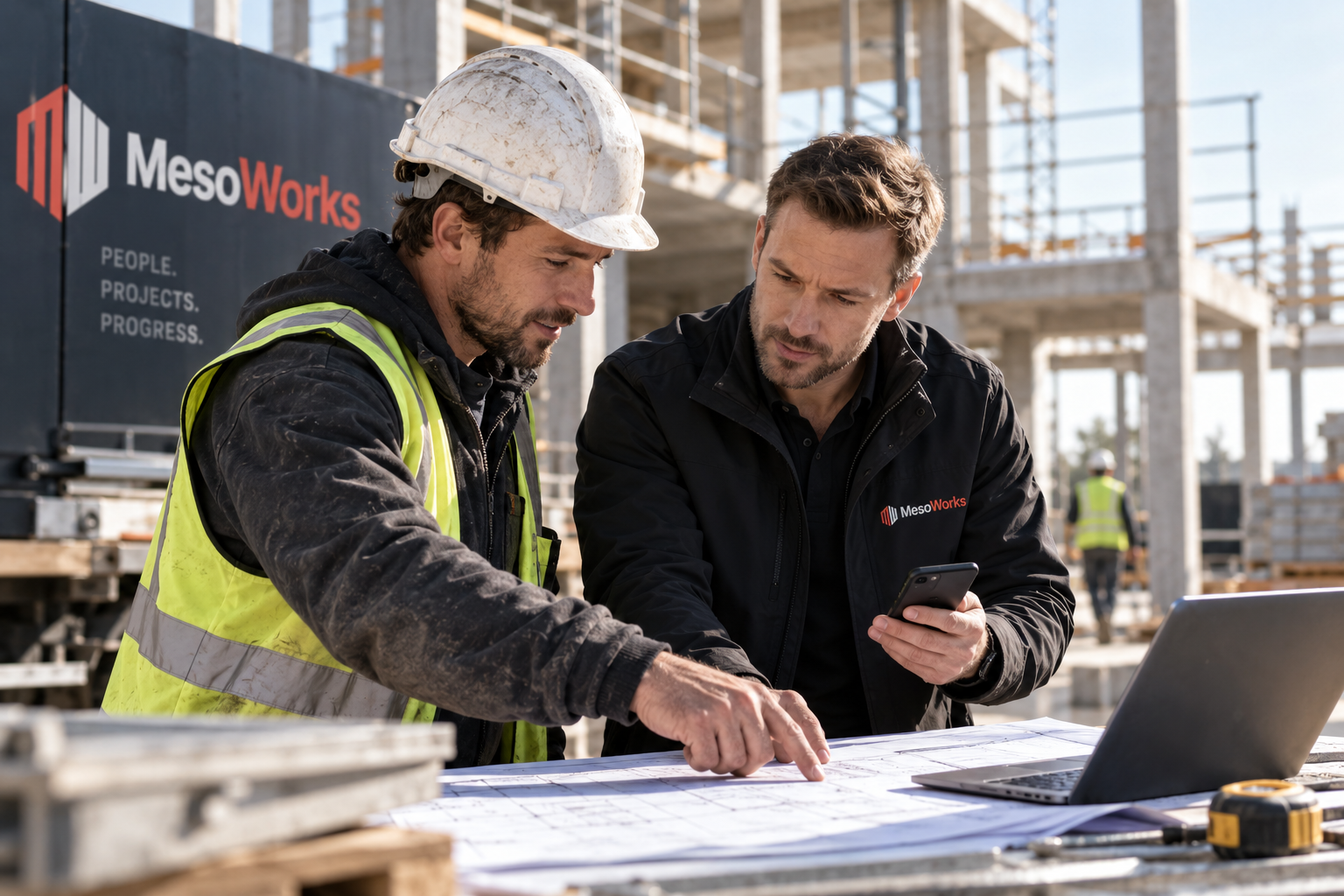Conversation on a construction site with project documentation